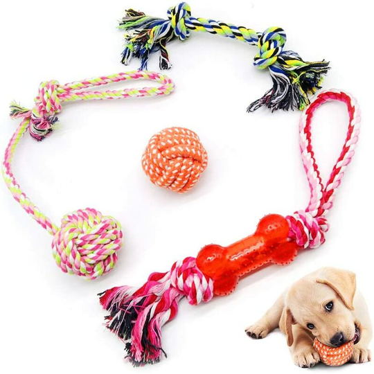 Dog Chew Toy, Indestructible 4 Piece Dog Toy Set for Puppy/Small/Medium Dogs, Beneficial Dog Bone Toy for Dog Dental Health, Natural Cotton