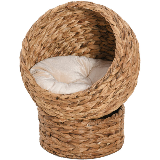 Elevated Kitten Hooded Rattan Cat House Basket Cushion, 42x33x52cm Brown - Brown - Pawhut