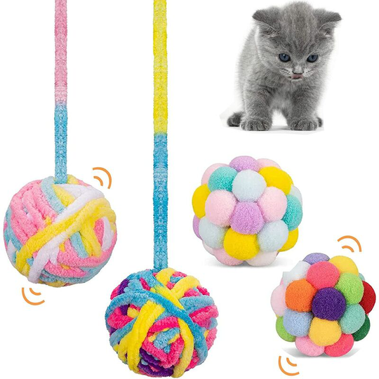 Balls for Cats, 4PCS Cat Toy Plush Ball with Bell, Kitten Interactive Toy Treat Bright Colors