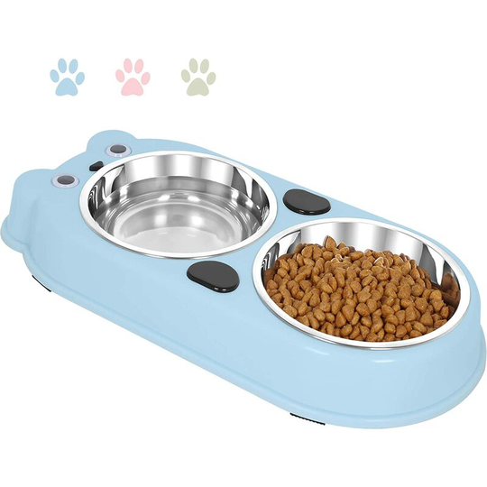 Double Dog Cat Bowls Double Premium Stainless Steel Pet Bowls with Cute Modeling Pet Food Water Feeder blue