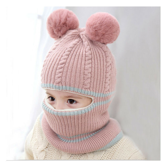Autumn and winter baby plush thickened knitting wool hat girl's face and ear protection scarf (black+pink)