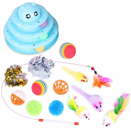 Cat Plush Toy 14 Pack Interactive Cat Toys Includes 3 Level Towers, Roller Tracks, Fluffy Feathers, Crinkle Mouse Balls Fun for Pet Birthday Gift. ,