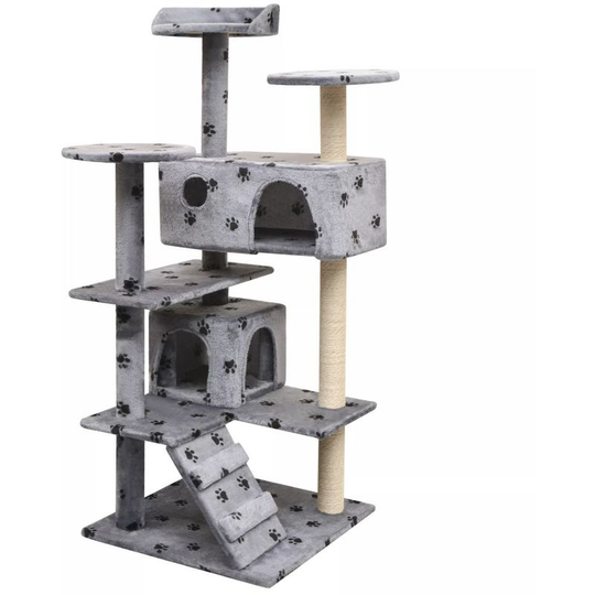 Hommoo - Cat Tree with Sisal Scratching Posts 125 cm Paw Prints Grey VD07033