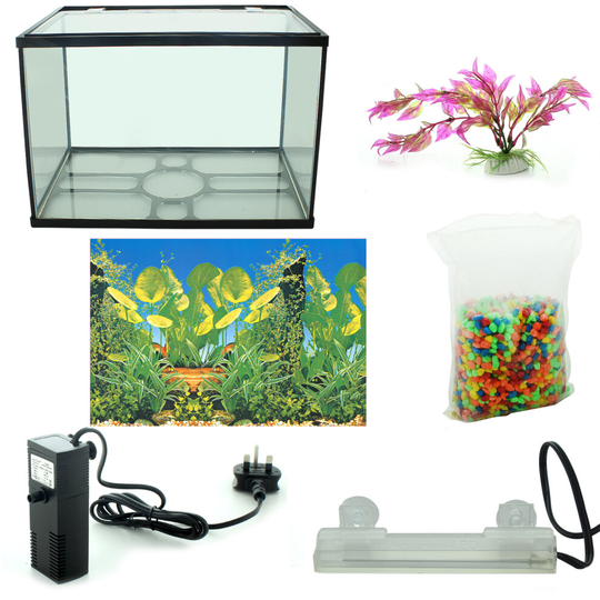 26L Glass Aquarium Fish Tank Starter Kit Set Air Filter Pump Net Stone LED Light