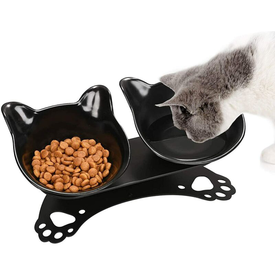 Cat Bowls, Cat Bowls, 15° Tilt Double Raised Cat Bowl, Anti-Slip Protective Neck Pet Food Bowls (Black)