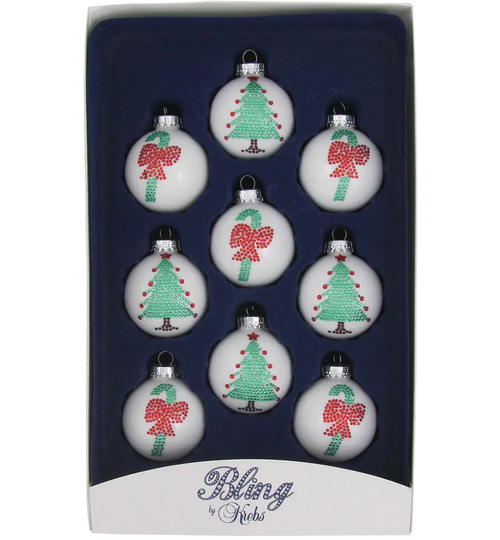 Rhinestone Candy Canes and Trees 9 Piece Christmas Bauble Set