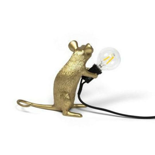 (Sitting, Gold) Mouse Shape Table Lamp Resin Decor Rat Desk Room Home Office Bedside Light