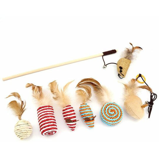 Perle Rare - Interactive Cat Toys, 7 Pieces Cat Toy Set, Pet Interactive Toy, Replaceable Feathers Cat Toy Fun Gift Box for Cat Kitten Kitty Fun