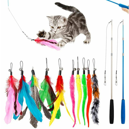 Cat Toy Interactive Cat Feather Stick, Kitten Toy 2 Pieces Retractable Cat Stick Toys and 10 Pieces Natural Feather Tease Replacement with Bell,
