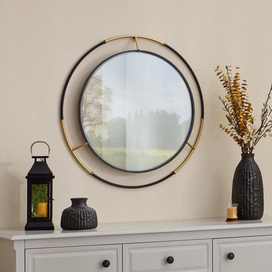 Round Metal Framed Wall Mounted Accent Mirror in Black/Gold