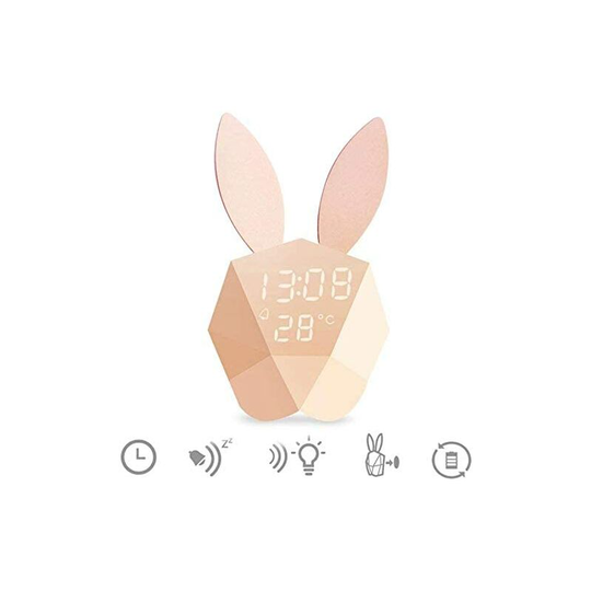 Pesce - Cute Rabbit led Night Light Bedside Lamp + Alarm Clock Built-in Lithium Battery Led Voice Activated Christmas Gift for Kids, Girls, Baby
