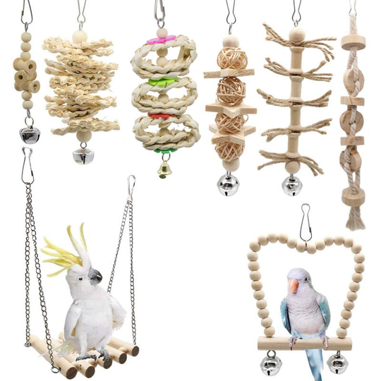 8pcs Bird Parrot Bell Swing Toy, Natural Wood Hammock Chew Bird Toy
