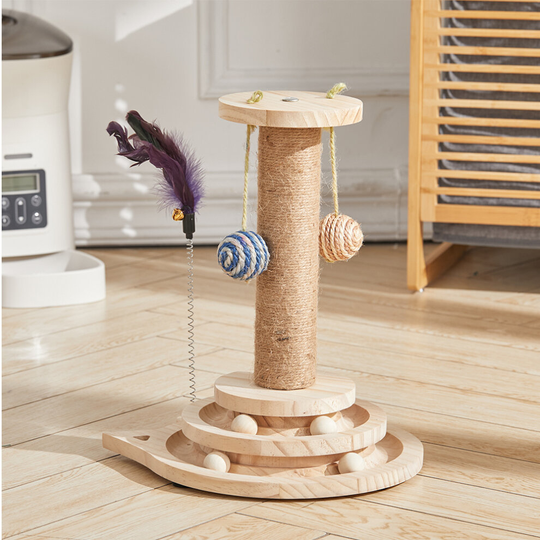 Wooden Tall Cat Scratching Post with Cat Toy Ball Track and Spring Toy