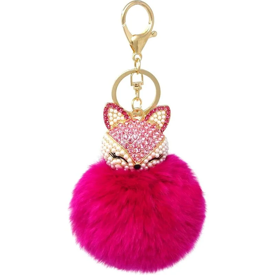 Perle Rare - Rhinestone Faux Rabbit Fur Pompom Keychain for Women's Bag, School Bag, Mobile Phone or Car Pendant (Rose Red)