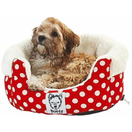 Deep Dream Polka Dot Soft Fur Fleece Dog Bed Washable Pet Basket Cushion - Red - Small - Bunty