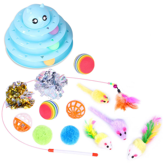 14PCS Cat Toy Interactive Toys Variety Pack Set Including 3 Level Towers Tracks Roller Feather Teaser Fluffy Mouse Crinkle Balls Having Fun Exerciser
