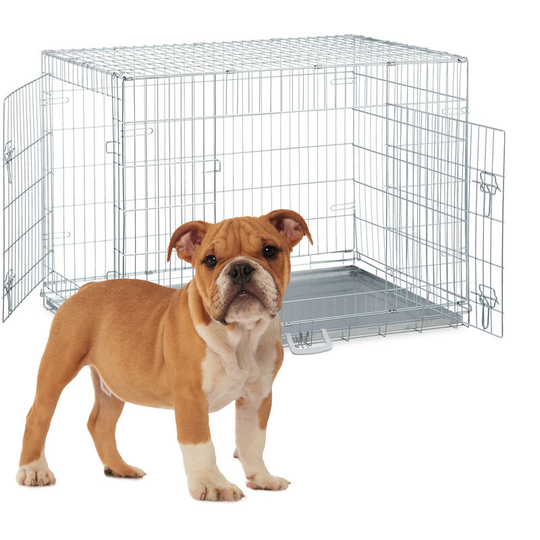Foldable Dog Crate, for Indoors or Travels, Galvanised Tray, 2 Doors, Handle, 77 x 106 x 70 cm, Metal, Silver - Relaxdays