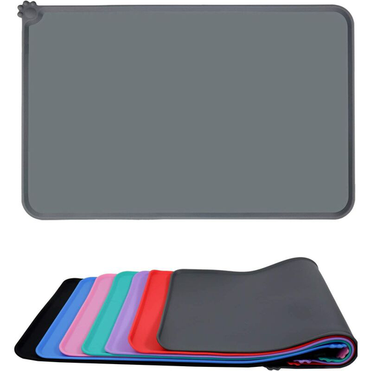 Dog and Cat Food Mat, Waterproof & Non Slip Silicone Pet Feeding Mat for Food and Water Bowls, 47x30cm Grey