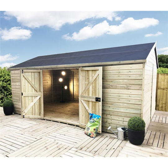 11 x 15 windowless Reverse Premier Pressure Treated Tongue And Groove Apex Shed / Workshop With Higher Eaves And Ridge Height Double Doors (12mm