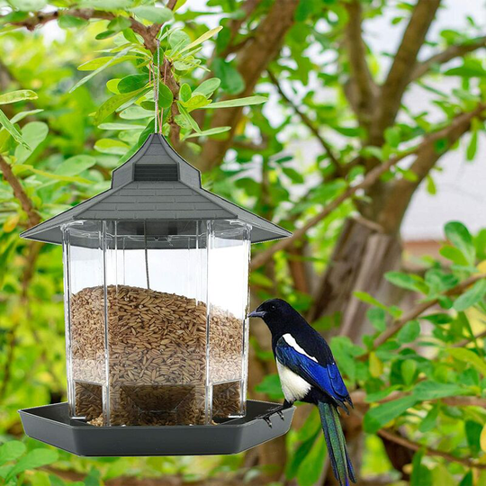 Bird Feeder, Waterproof Hanging Bird Food Container with Roof and Tray for Outdoor Garden Patio Backyard Squirrel Proof Wild Bird Seed Feeder(Grey)