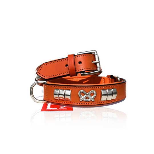 (Gold) STAFFORDSHIRE LEATHER DOG COLLAR FITTED WITH BRASS (CHROME PLATED) HARDWARE & STAFFY KNOT