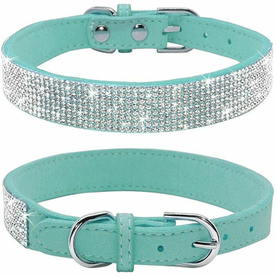 Dog necklace in rhinestones, cute dazzling sparkling in soft suede dog dog chat collar crystal crystal diamond for dog dog collar (blue, xs)