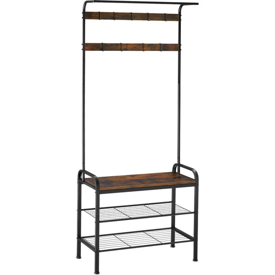 Tectake - Coat & shoe rack - Industrial style wardrobe, coat stand, shoe rack with seat and coat hooks - 73.5x36x184cm industrial dark - industrial