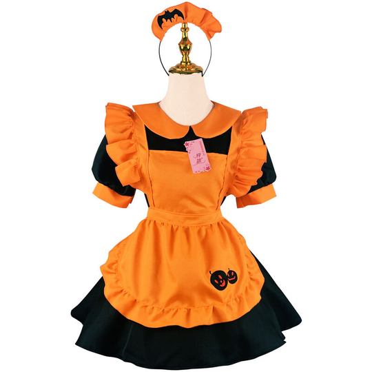 Womens Halloween Pumpkin Costume Lolita Dress French Apron Maid Outfit Cosplay-M