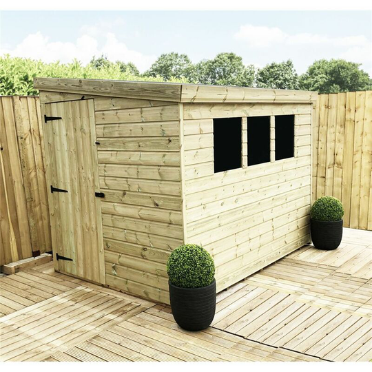 7 x 6 Reverse Pressure Treated Tongue And Groove Pent Shed With 3 Windows And Single Door + Safety Toughened Glass