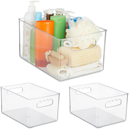Relaxdays 3x Fridge Organisers, Handles, Plastic, Kitchen & Bathroom Storage Box, HWD: 15.5 x 29 x 20.5 cm, Transparent
