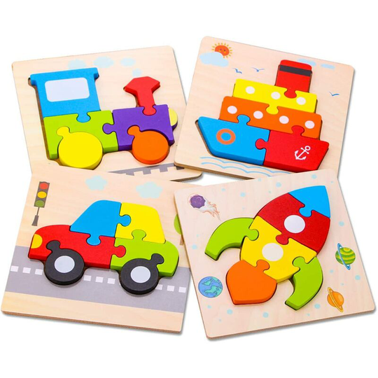 Ilovemilan - Wooden Vehicle Toddler Puzzles for 1 2 3 Years Old Boys & Girls, Baby stem Educational Toy Gift with 4 Vehicles Montessori Learning