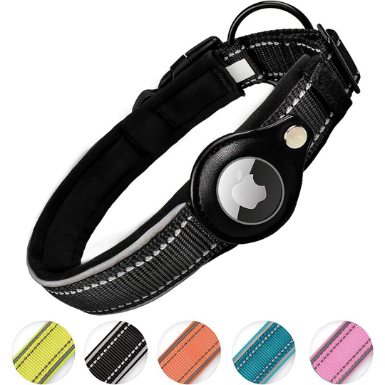 Aougo - Reflective AirTag Dog Collar, Heavy Duty Apple Air Tag Dog Collar [Large] Padded Pet Collar with AirTag Case Holder Accessories (Dark, m)