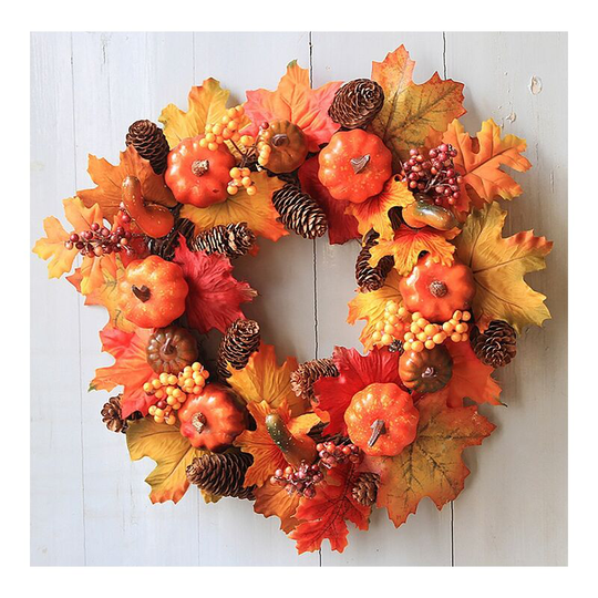 Artificial Maple Leaf Crown Autumn, Door Crown with False Fall Bay Autumn Crown Leaves Deco for Halloween and Thanksgiving Decoration (with Pine Nuts)