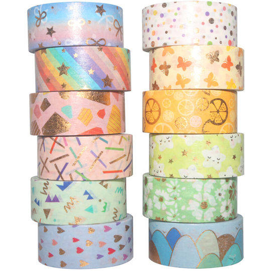 Superseller - 12 Rolls Washi Tape Set Cute Pattern Gold Foil Masking Tape 15mm Wide Adhesive Decorative Tape Sticker for diy Crafts Journals Planners