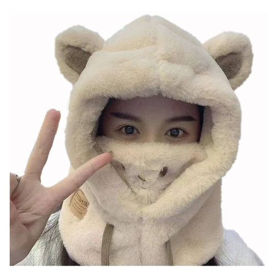 Cute bear hat mask all-in-one female autumn and winter cycling new new wool wool rabbit