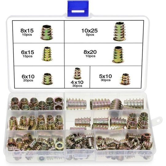 120 Pack Zinc Alloy Hex Nuts M4 M5 M6 M8 M10 with Thread Inserts for Wood Furniture with Plastic Box