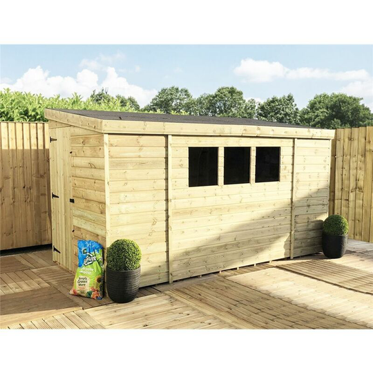 12 x 8 Reverse Pressure Treated Tongue And Groove Pent Shed With 3 Windows And Single Door + Safety Toughened Glass