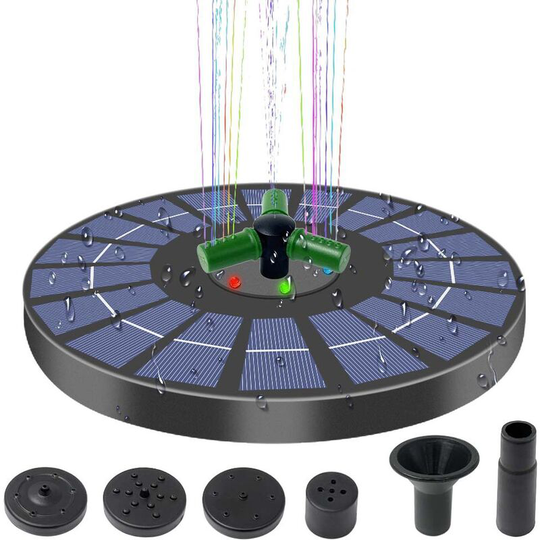 FVO - 6W Green Solar Fountain, Solar Pond Pump with Battery and 6 Nozzles, for Bird Bath Aquarium Garden Fountain