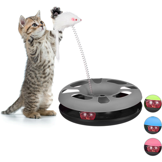 Relaxdays - Set of 1 Cat Toy Carousel with Mouse, Interactive Toy, Ball with Bell, Pet Training, Grey