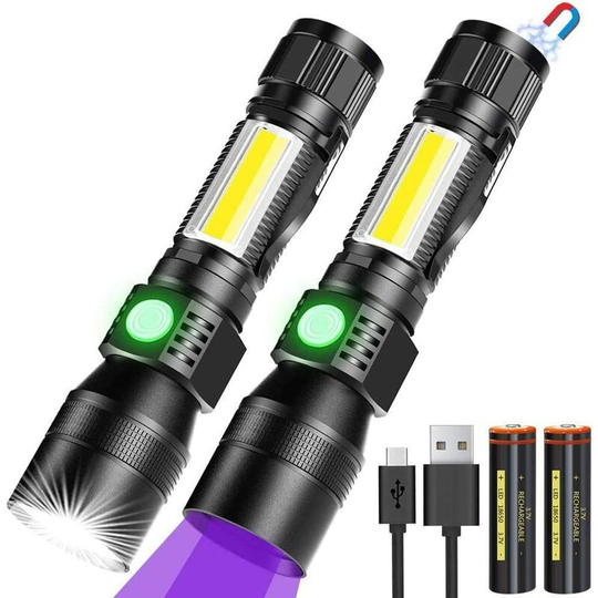 Tinor - in 1 uv Flashlight, usb Rechargeable led Flashlight, Zoomable Magnet, cob Waterproof Work Light 7 Modes 395nm Pet Urine Detector (2 PC,13cm)