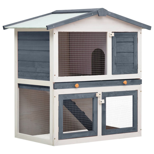 vidaXL Outdoor Rabbit Hutch 3 Doors Grey Wood Pet House Habitat Cage Carrier
