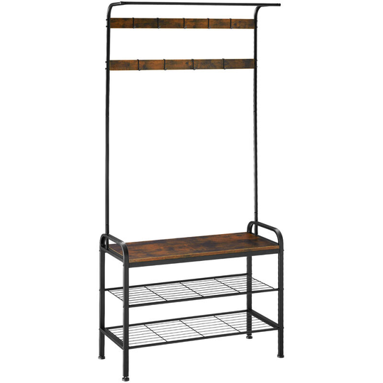 Tectake - Coat & shoe rack - Industrial style wardrobe, coat stand, shoe rack with seat and coat hooks - 85.5x36x184cm industrial dark - industrial
