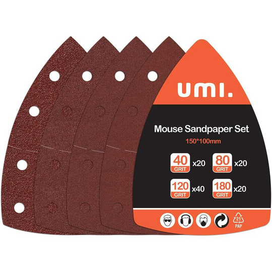Umi Sander Sheets Pack of 100 Mouse Sander Sandpaper for Multiple Sanders 40-80-120-180 Grit