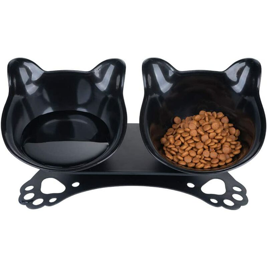 Perle Rare - Anti Vomiting Cat Bowls, Elevated Plastic Cat Food Bowl, Tilted 15° Raised Cat Dishes with Non-Slip Rubber Base Stand for Cats (Black)
