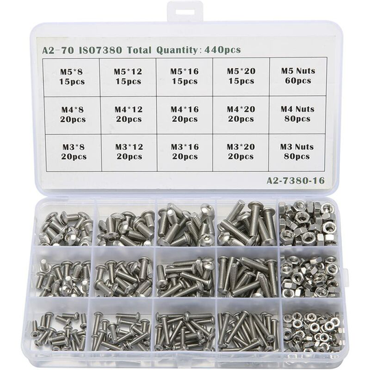 Monly - Kit 440PCS M3 M4 M5 Stainless Steel Hex Head Button Socket Head Cable Bolts Screws Lock Nut Assortment Kit with Storage Box