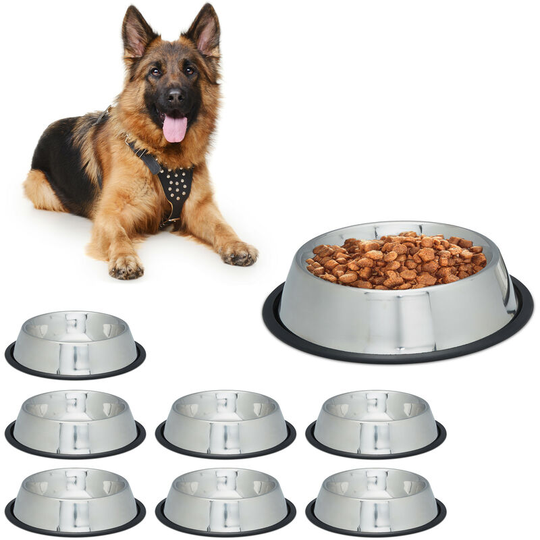 Dog Feeding Bowl Set of 8, Water Dish, Feeding Station, Non-Slip. Stainless Steel, Size xl, 1.25 l, Silver - Relaxdays