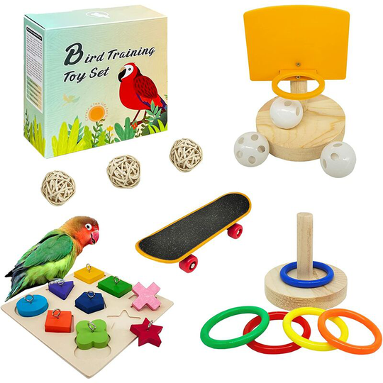 Joorrt - Bird Toys for Parakeets,5pcs Parrot Toys Set (Include Bird Basketball Toy、Bird Skateboard、Bird Stacking Toy、Parrot Wooden Block Puzzles