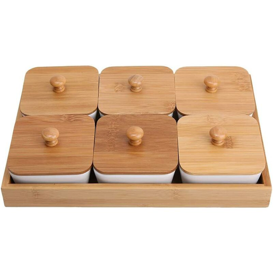 Ceramic serving plate appetizer serving plate with bamboo lid for fruit and nut desserts(6-compartment)