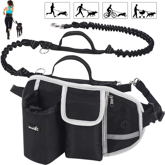 Pecute - Hands Free Dog Running Lead with Wide Back Support Belt,Adjustable Dog Walking Belt with Multi Pouch & Poo Bag Holder,Durable 2 Handles &