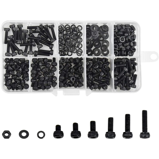 300 Pcs M3 Carbon Steel Alloy Hex Socket Head Cap Screws With M3 Nuts Hex Bolts Socket Washers, Black, Assorted Size 4/5/6/8/10 / 12mm